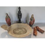 A South East Asian Hindu bamboo pleated scroll, a small pharaoh statue, two resin squatting