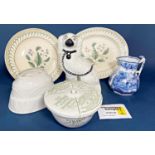 Three Booth's blue and white graduated jugs, British scenery pattern, two Edwardian quick cookers, a
