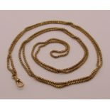 Antique 9ct long guard chain, clasp and chain stamped '9c J.M', 28.7g