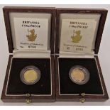 Two Britannia 1/10 oz gold proof coins numbers 706 and 956, 1988 and 1990, cased (2)