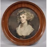 Circular framed lithographic print of a painting of girl, circular mahogany frame with glazing, 38.5