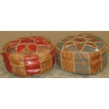 A vintage leather pouf of circular form with sunburst geometric design together with a matching
