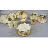 A collection of Royal Worcester blush ivory ware comprising leaf shaped dishes, cabinet cup and