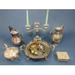 An assorted quantity of silver plated items including a selection of teapots, a fruit bowl, a