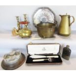 Brass ware including a coffee pot, teapot, a 19th century cooking pot with cast iron handle, a