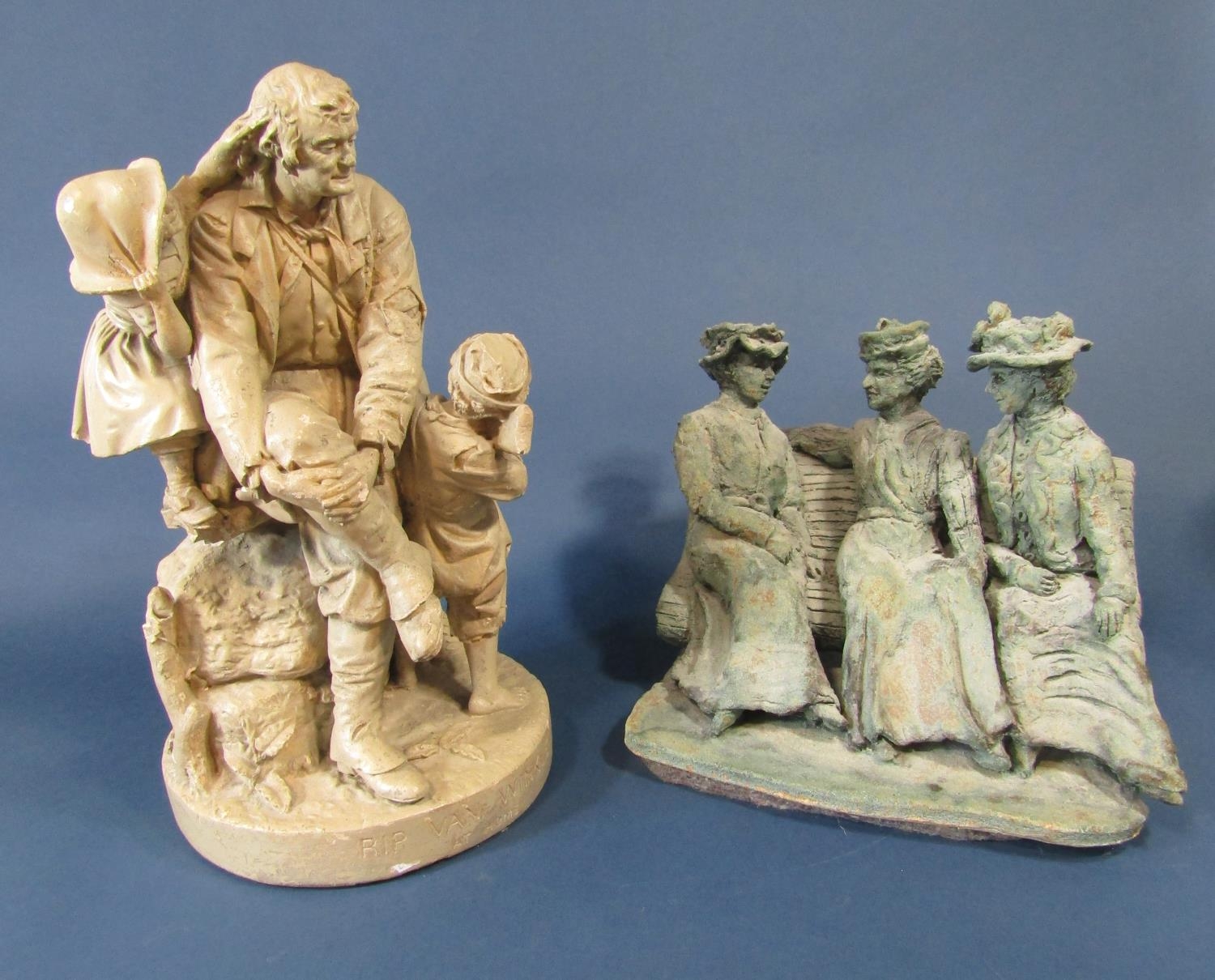 A large painted plaster figure group of Rip Van Winkle 'At Home' with matt glazed finish by John