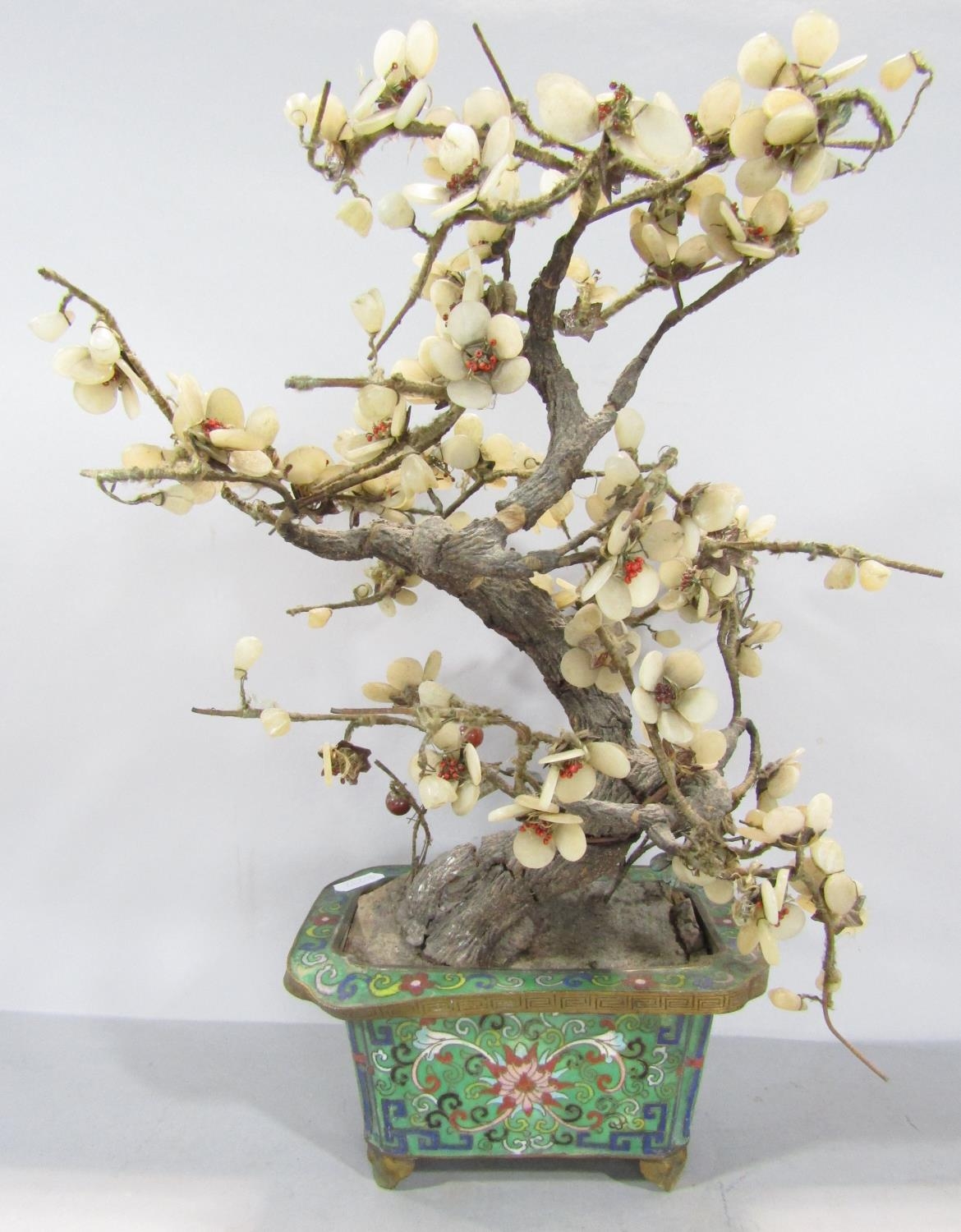 A Chinese hard stone and glass blossom tree set in a cloisonné planter. - Image 2 of 3