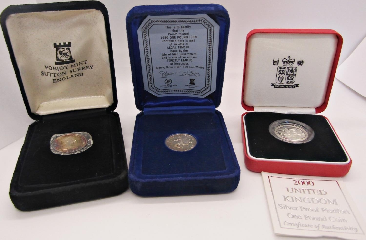 Two Piedfort Silver Proof £1 coins, 2000 and 2004, Pobjoy Proof Isle of Man £1 1980 x 2 and 1991 £ - Image 2 of 2