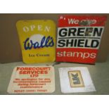 An old aluminium sign for Green Shield Stamps, together with another for Wall's Ice-cream and two