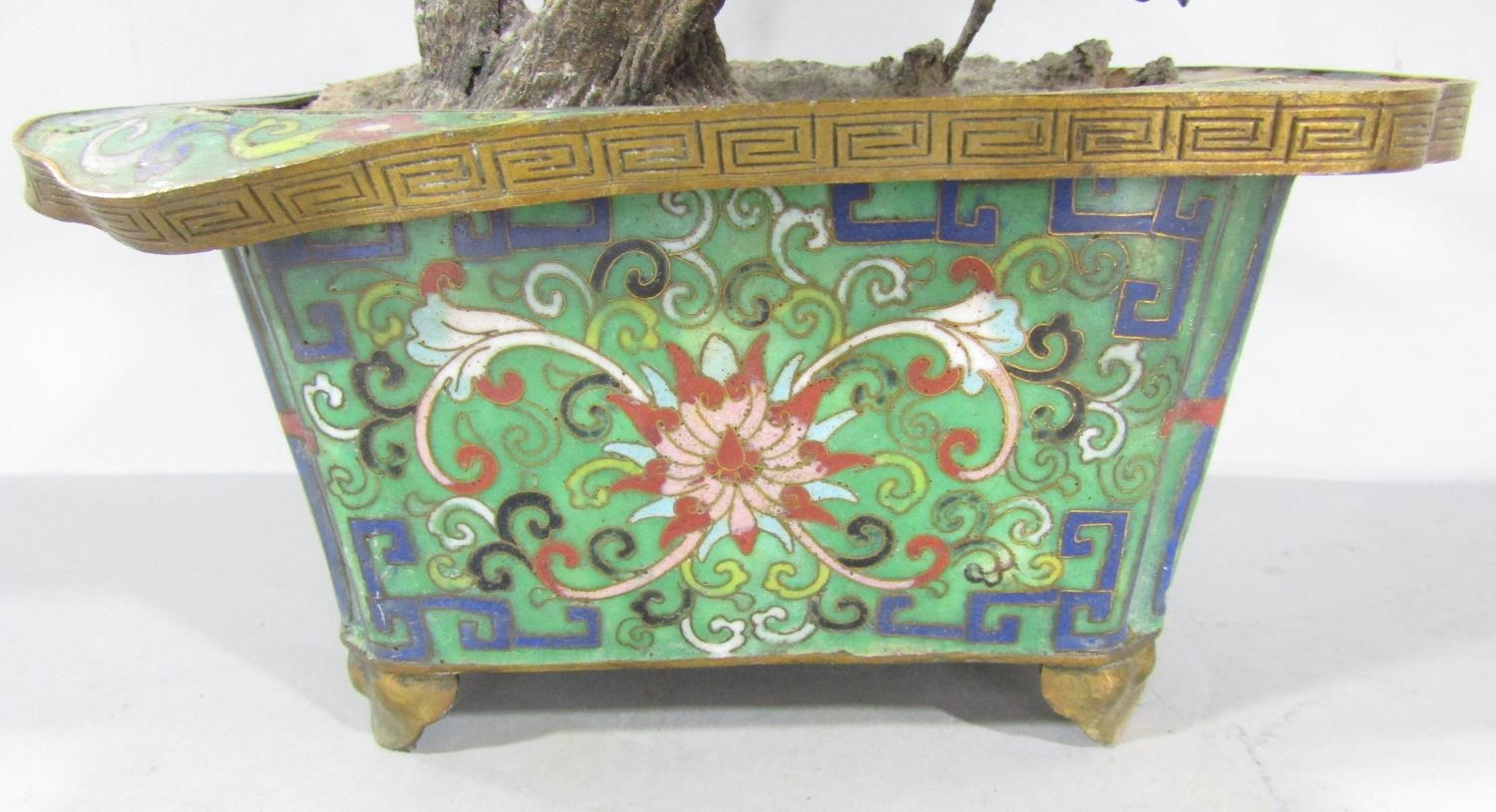 A Chinese hard stone and glass blossom tree set in a cloisonné planter. - Image 3 of 3