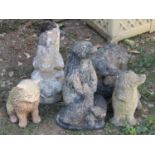 Five weathered cast composition stone garden ornaments of animals in various pose comprising