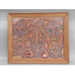 Mola tapestry with labels inscribed: 'Mola made by the Cuna Indians of the San Blas Islands. An