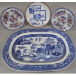 A Canton Views - Opaque China meat platter with shaped borders, 49 x 39cm a large Spode blue and