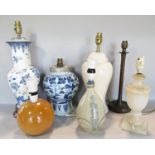 Seven various table lamps, including a converted Chinese blue and white ginger jar base, a slender