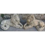 A pair of weathered contemporary cast composition stone recumbent lions, 66 cm wide x 35 cm high