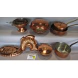 Three vintage style graduating copper saucepans, four further examples, some with lids, a fish