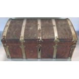 A late 19th century continental Arts & Crafts incised leather bound box with metal work strapping