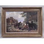 After J. F. Herring - 'Farmyard Scene' oleograph on canvas, 50cm x 75cm, gilt framed