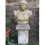 A painted and weathered bust of a Roman character wearing a breast plate, 55cm high, raised on a