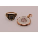 Georgian yellow metal mourning ring with black enamel detail, together with an Edwardian 9ct picture