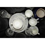 A mixed quantity of Stuart type cut glass, wine and sherry glasses, etc and some Wedgwood cups,