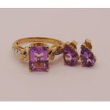 9ct amethyst and diamond ring, size N and a further pair of 9ct pear-cut amethyst stud earrings, 4.
