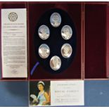 A commemorative cased set of six silver cameos of the Royal Family, 8.5oz approx