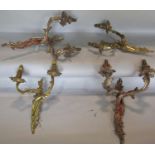 A pair of Regency style gilt metal wall lights with two scrolled branches, a similar pair of moulded