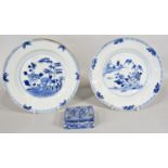 Two 19th century Chinese export plates and small pot and cover