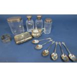 A cased set of six silver tea spoons, a dented cigarette case, mustard pot and spoon, a single