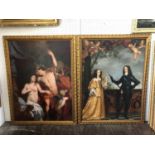 Two large couple portrait paintings digital printed on canvas in matching moulded gilt frames,