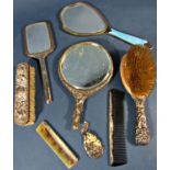 Two silver backed hand mirrors (af) a blue enamelled hand mirror, a silver backed hairbrush, a
