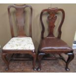 A late 18th century walnut side chair, the vase shaped splat set beneath a scrolled cresting rail,