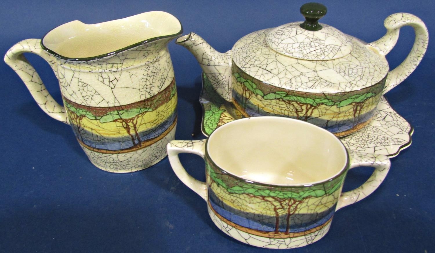 A Royal Doulton Deadwood Crackle tea service comprising teapot, milk jug, six cups, five saucers and - Image 2 of 3