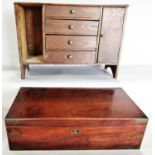A 19th century mahogany writing box (as found) and a crudely made small oak chest with four