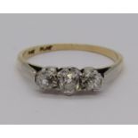 18ct three stone diamond ring in platinum setting, size L/M, 1.9g