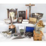 A miscellaneous collection of items including, an oak wall barometer, coffee grinder, a pair of