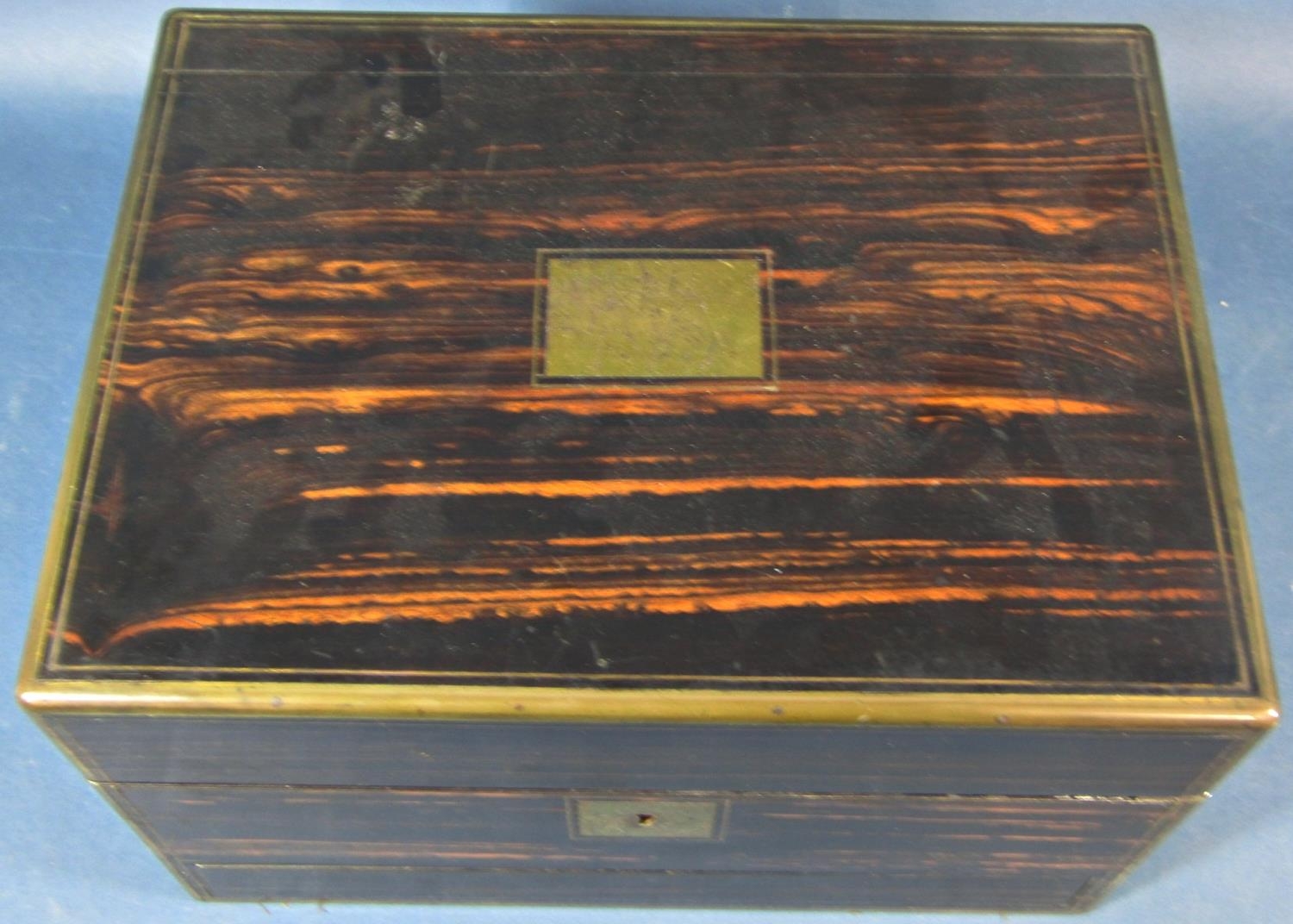 A mid Victorian period coromandel wood and brass banded travelling box, the rising lid fitted with - Bild 6 aus 6