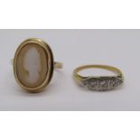 18ct five stone diamond ring, size J, 2.1g and a 9ct cameo ring, size J, 3.3g (2)