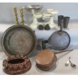 Vintage kitchen ware, including a copper jelly mould, weighing scale with some weights, a sieve,
