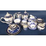 A collection of blue and white tableware including Royal Doulton Real Old Willow graduated coffee