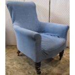 Victorian drawing room chair with shaped outline, upholstered finish with loose cover raised on