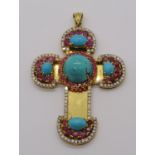 Ornate yellow metal cross pendant set with cabochon turquoise, rubies and diamonds, 7 x 4.6cm