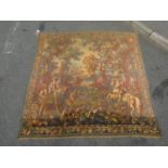 A tapestry wall hanging depicting a hunting scene, 200cm x 200cm approx