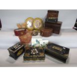 A miscellaneous collection of items including a leather collar box, two lacquered mother of pearl