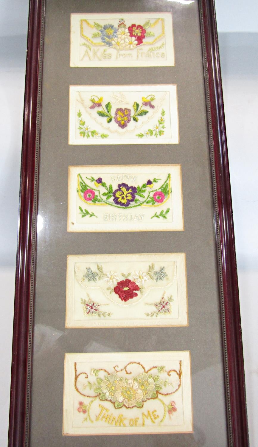 Ten WWI embroidered silk post cards displayed in two glazed frames. - Image 2 of 2