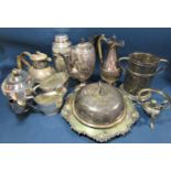 A mixed selection of silver plated items including a cocktail shaker, wine cooler, tureen, tea and