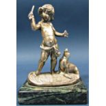 White metal group of a child playing with a seal, raised on a marble plinth, 15cm