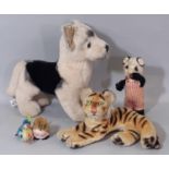 Vintage soft toy collection including a standing dog by Merrythought, height 28cm, a tiger (no