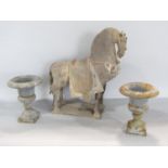 A pair of distressed metal campana shaped urns 13cm high, and Tang style terracotta horse 29cm